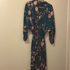 Eloquii Faux Wrap Tie Waist Dress, Teal Green Floral, Size 18/20